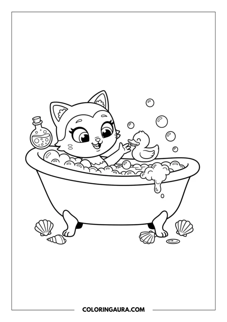 Outline of MerCat from Gabby's Dollhouse enjoying a peaceful bubble bath in a classic clawfoot tub. She is smiling sweetly at a tiny rubber duck, with soft floating bubbles, a magical potion bottle, and seashells resting on the floor, perfect for a calming coloring session.