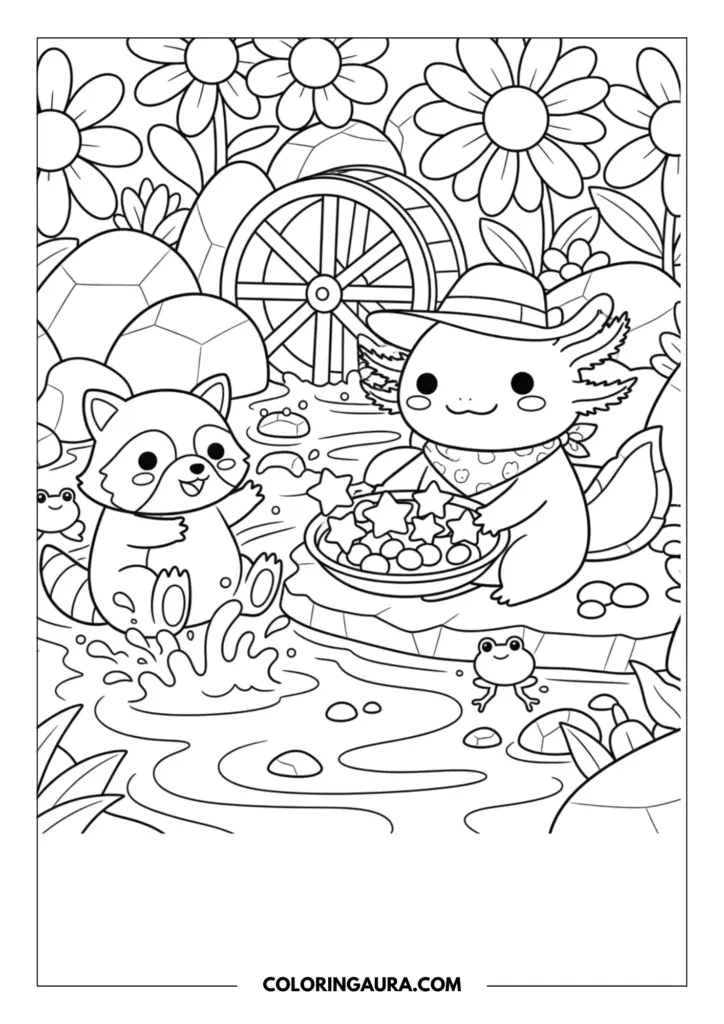 Line art coloring page showing a cute axolotl wearing a brimmed hat and bandana, kneeling by a river with a pan full of giant, shiny star-shaped gold nuggets. A chubby baby raccoon is happily splashing in the water nearby, accompanied by two tiny frogs. The background includes a large wooden water wheel, river rocks, and giant blooming daisies. Clean, thick outlines in a simple kawaii style.