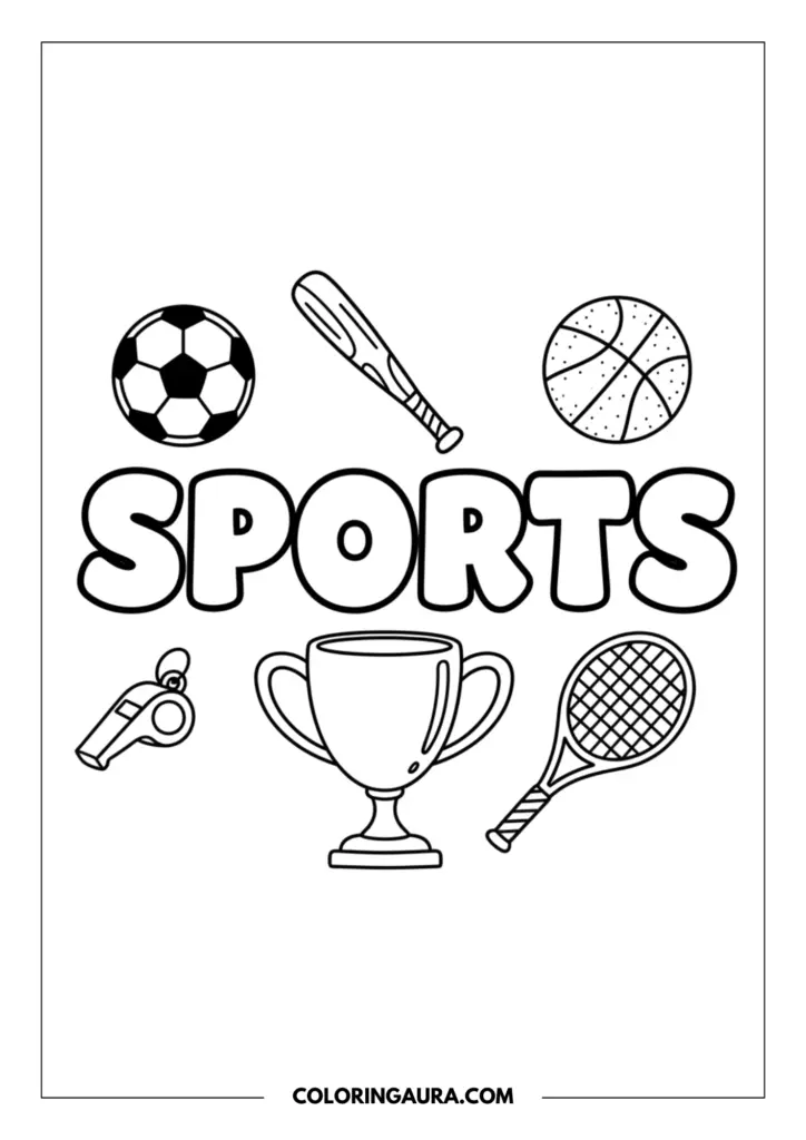 Line art coloring page showing a sports doodle collage. The word SPORTS is in the center in large bubble letters, surrounded by thick, clear outlines of a soccer ball, a baseball bat, a basketball, a referee whistle, a trophy cup, and a tennis racket.