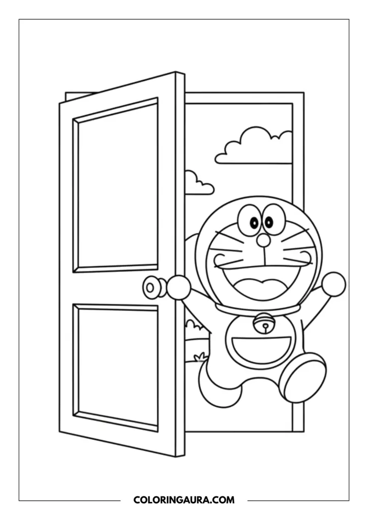 Line art coloring page showing Doraemon stepping joyfully out of the magical Anywhere Door with a big smile and wide-open arms. Simple fluffy clouds gently float in the background of this clean, black-and-white vector design.