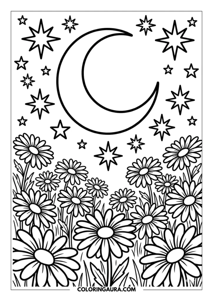 Line art coloring page showing a giant crescent moon rising over a field of tall, blooming daisies under a sky filled with bright, bold stars.