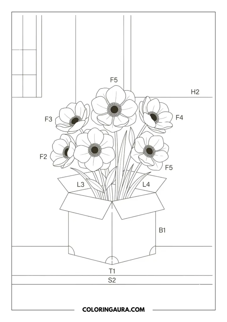 Outline of a cluster of anemone flowers with large, dark centers and soft petals blooming out of an open square gift box, placed on a simple indoor surface.