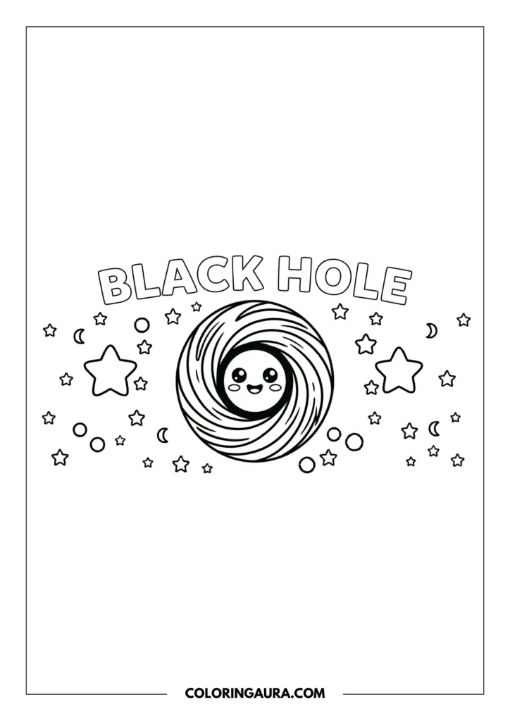 Outline of a friendly black hole with a swirling gravitational center and a cute happy face, floating in a peaceful galaxy of stars and moons.