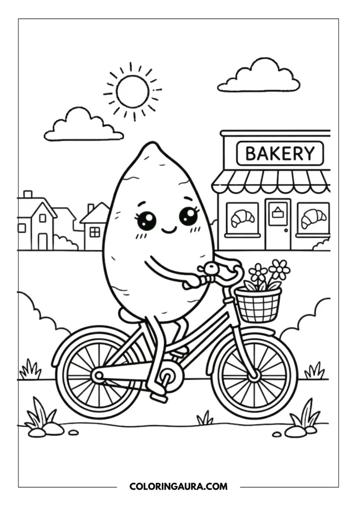 Line art coloring page showing a cute sweet potato with big sparkly kawaii eyes, riding a bicycle with a basket of flowers past a charming bakery. Houses and trees line the city street under a sunny sky with clouds.