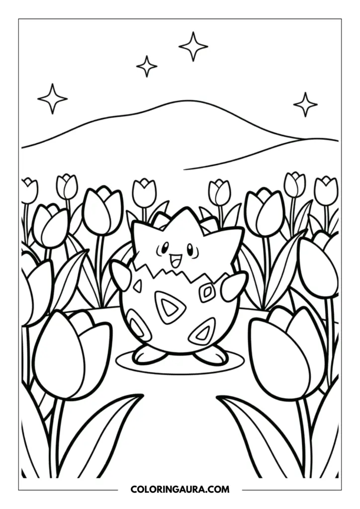 Line art coloring page showing Togepi standing joyfully in the middle of a field of tall tulips with rolling hills and a starry sky in the background.