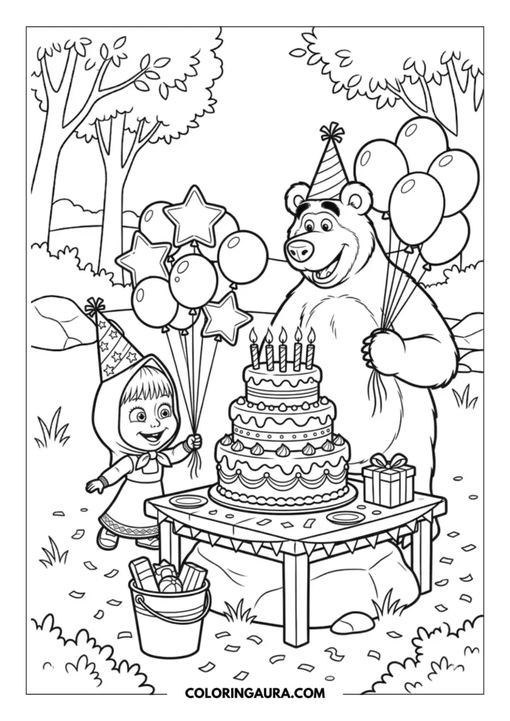 Outline of Masha and the Bear celebrating a birthday in the forest. They are wearing party hats and holding clusters of balloons next to a giant three-tier cake with candles and wrapped presents on a table