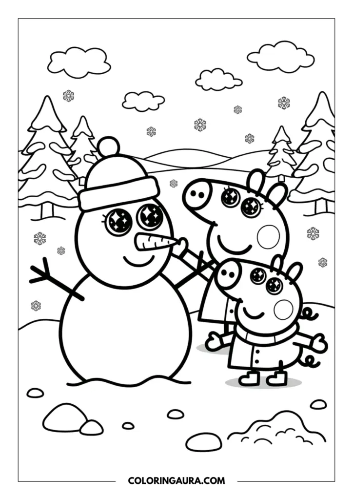 Line art coloring page showing Peppa Pig and George Pig building a large, friendly snowman with sparkle eyes amidst a beautiful winter forest and snowflakes.