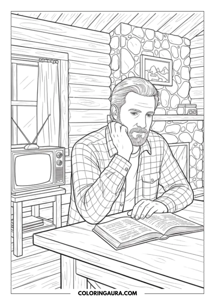 Outline of Chief Jim Hopper from Stranger Things sitting peacefully at a rustic wooden table in his cozy forest cabin reading a book. He wears a plaid flannel shirt, resting his chin softly on his hand, with a vintage television resting in the background, drawn in a crisp black-and-white style.