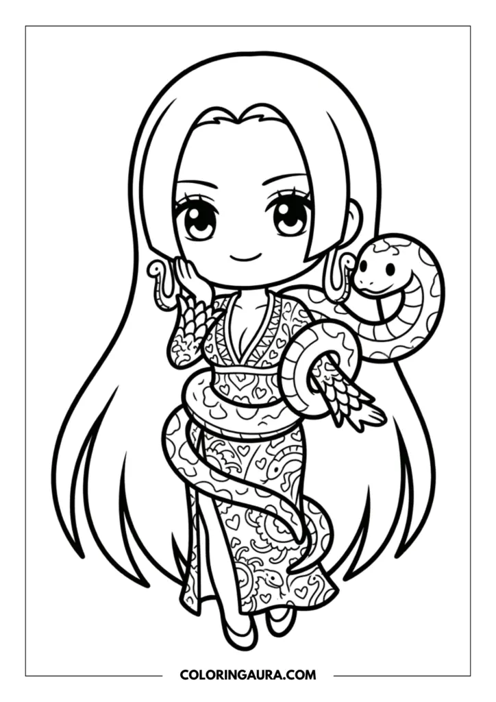 Line art coloring page showing a cute chibi Boa Hancock with long flowing hair and a patterned dress, with her pet snake Salome coiled around her.