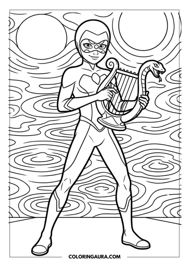 Line art coloring page showing Viperion in his snake-themed suit holding a lyre shaped like a cobra, standing against a dreamy backdrop of swirling water-like patterns.