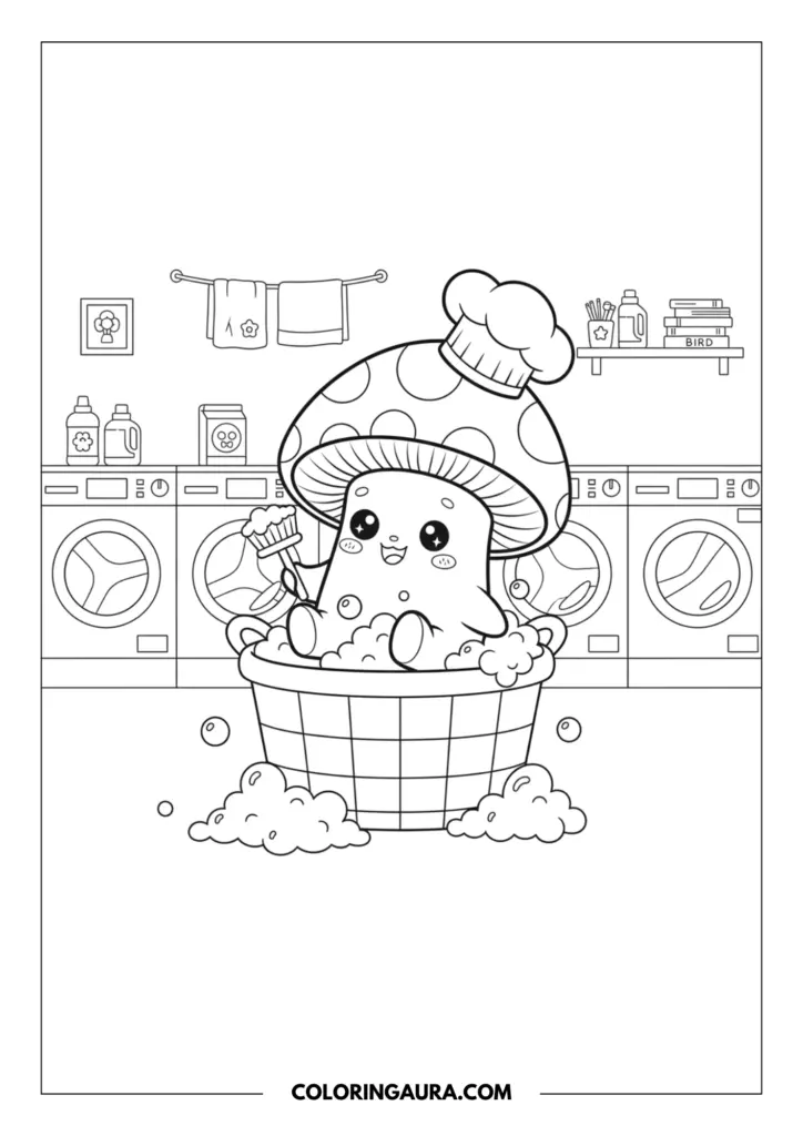 Outline of a dreamy, cute mushroom wearing a chef hat, happily taking a bubble bath inside a woven laundry basket. The sweet character holds a little scrub brush and is sitting comfortably in a laundry room filled with washing machines and soap boxes.