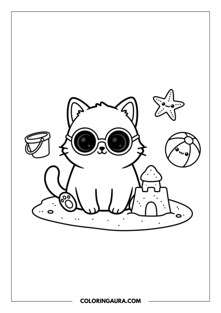 Outline of a cool little kitten wearing round sunglasses sitting on the beach next to a sandcastle. The fun summer scene includes a sand bucket, a smiling starfish, and a cute beach ball, drawn with bold and easy-to-color lines.