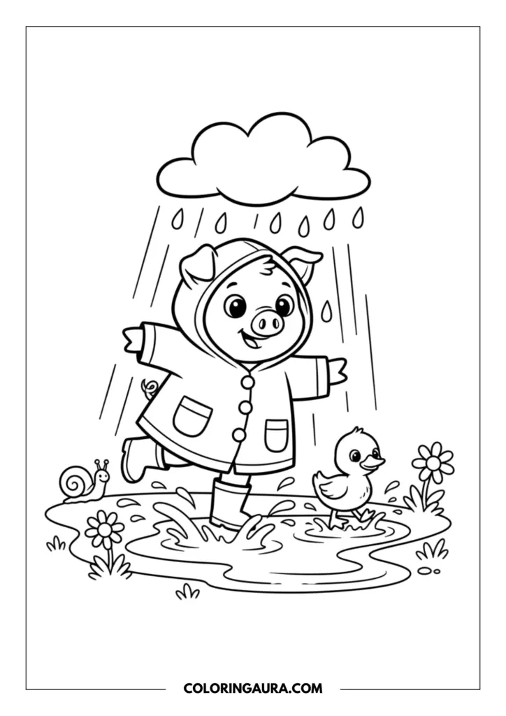 Outline of a playful cartoon pig wearing a hooded raincoat and boots, happily splashing in a large puddle under a rain cloud. The joyful and dreamy scene includes a cute little duck splashing along, a smiling snail with a shell, and small flowers growing by the water.