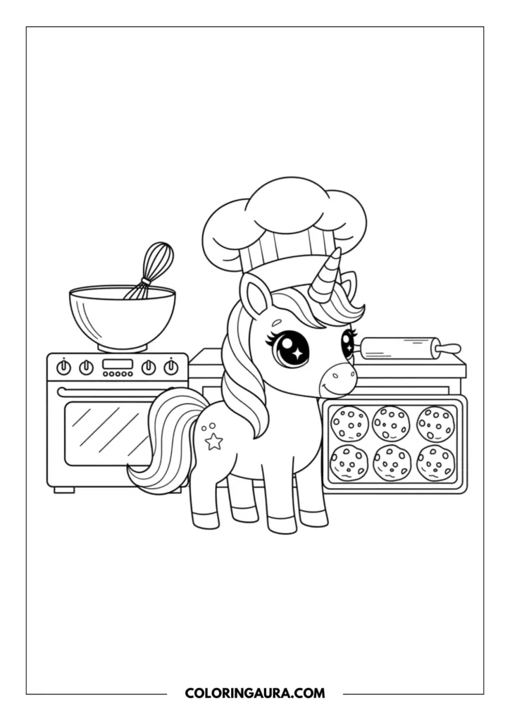 Outline of an adorable baby unicorn with big sparkly eyes wearing a puffy chef's hat in a cozy kitchen. The scene features a freshly baked tray of chocolate chip cookies, an oven, a mixing bowl with a whisk, and a rolling pin, rendered in clean, simple lines perfect for coloring.