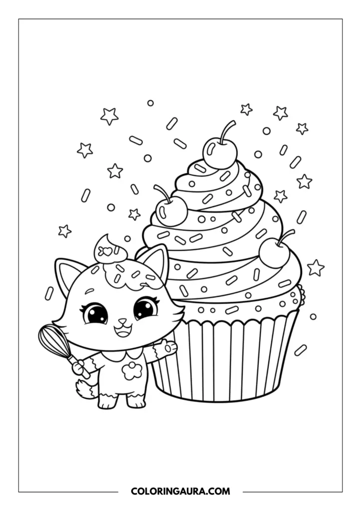Line art coloring page showing Cakey Cat from Gabby's Dollhouse cheerfully holding a tiny whisk next to a magnificent, giant cupcake. The sweet treat is topped with cherries, icing, and falling stars, offering a joyful and deliciously creative space for your soul to play.