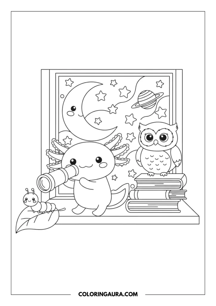 Line art coloring page showing a cute axolotl looking through a telescope out of a window at a dreamy night sky. A friendly owl sits on a stack of large books nearby, while a tiny smiling caterpillar crawls on a giant leaf. The magical background features a large smiling crescent moon, stars, and a ringed planet. Clean, thick outlines in a simple kawaii style.