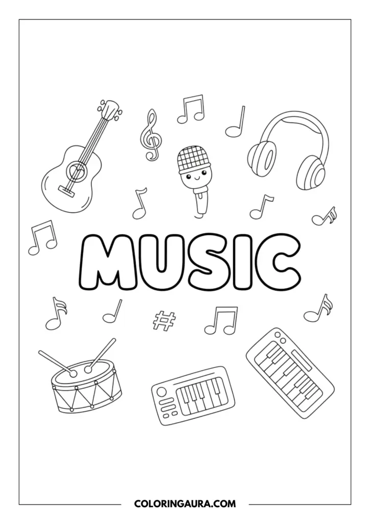 Line art coloring page showing a music doodle collage. The word MUSIC is in the center in chunky bubble letters, surrounded by cute outlines of an acoustic guitar, floating musical notes, a smiling microphone, over-ear headphones, a drum, and a keyboard.