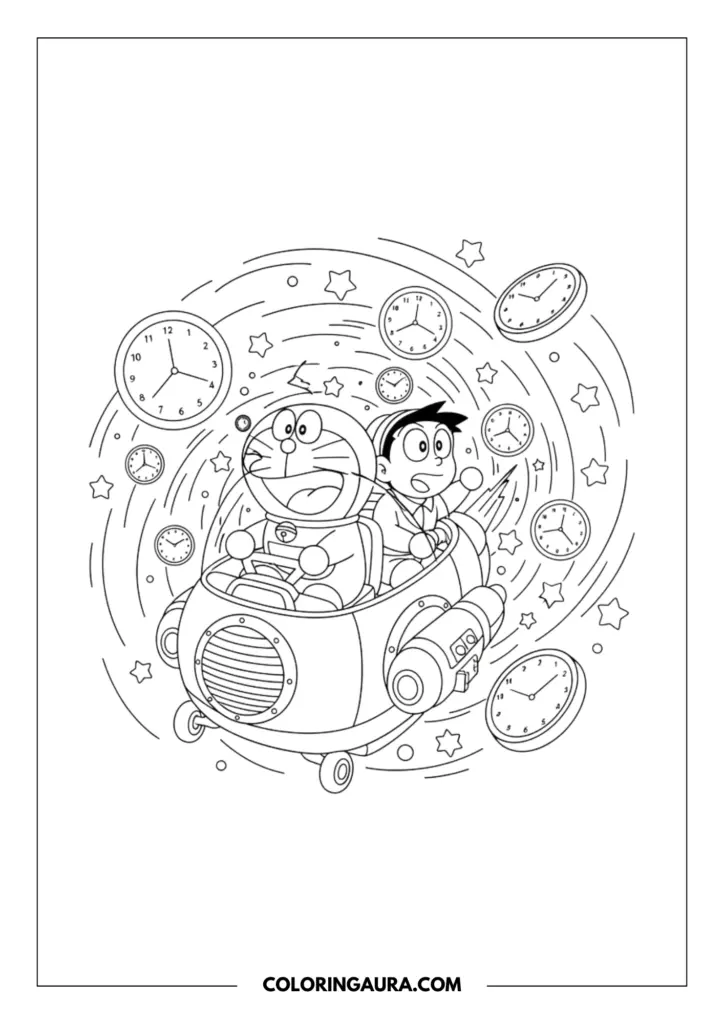 Line art coloring page showing Doraemon and Nobita riding their magical Time Machine through a whimsical time tunnel. They are surrounded by beautifully floating clocks, twinkling stars, and swooping lines in a clean, unshaded design.