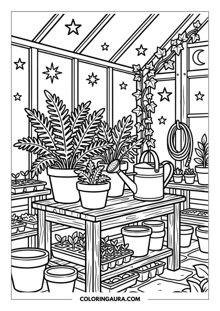 Outline of a detailed wooden potting bench inside a greenhouse with lush ferns, a watering can, and rows of tiny seedlings under a starry sky.