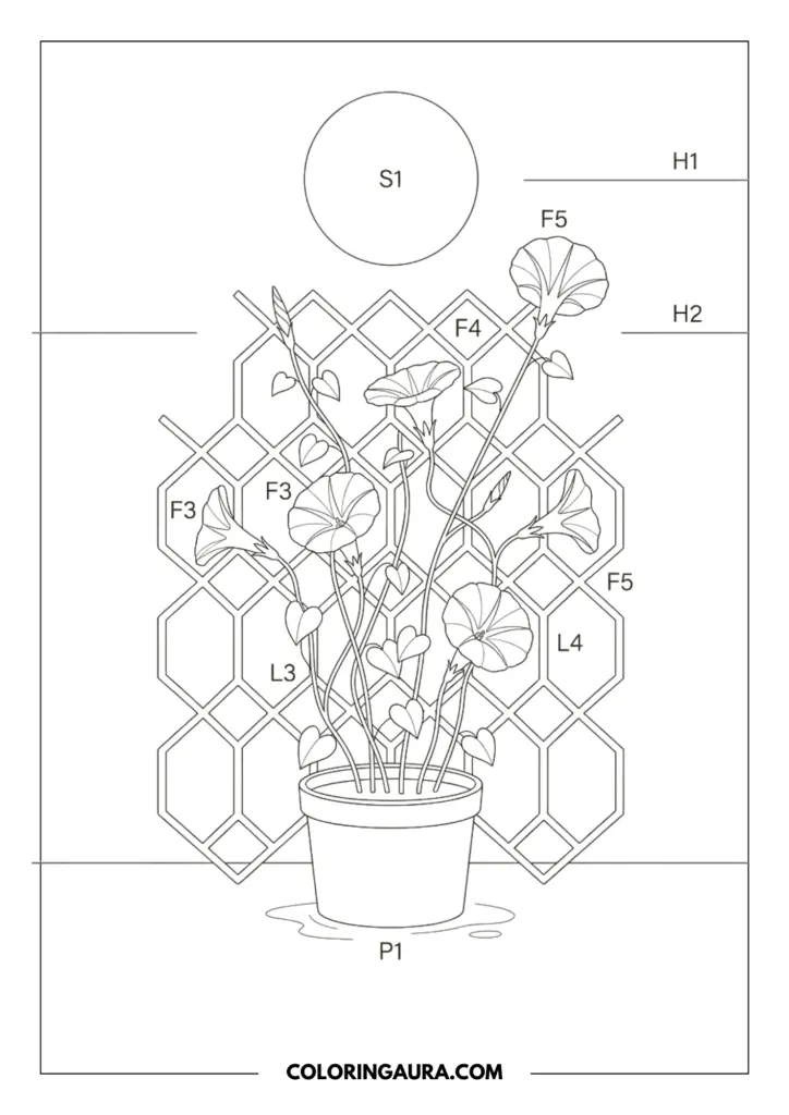 Line art coloring page showing delicate morning glory vines with trumpet-shaped flowers and heart-shaped leaves climbing up a diamond-patterned trellis from a small pot under a round sun.