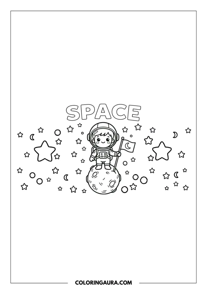 Line art coloring page showing a tiny astronaut standing on a small moon holding a moon-crested flag, surrounded by stars and the word SPACE.