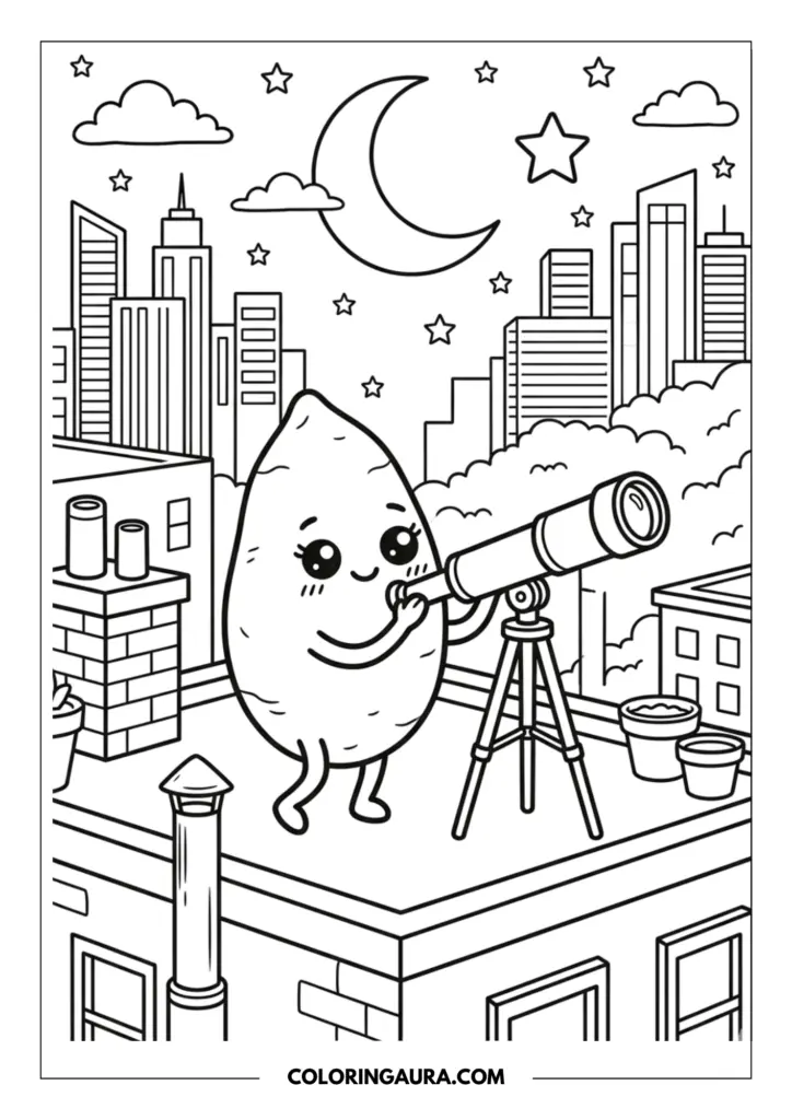 Line art coloring page showing a cute sweet potato with big sparkly kawaii eyes, looking through a telescope on a city rooftop at night. Skyscrapers, other rooftops, a crescent moon, and stars fill the background sky