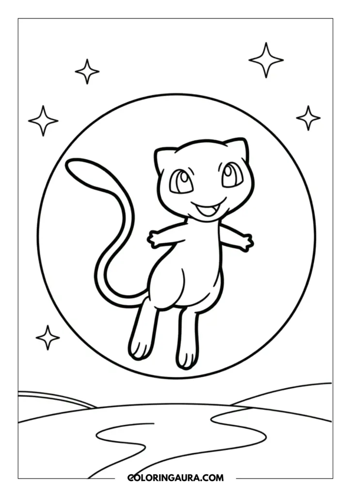 Line art coloring page showing the mythical Pokemon Mew floating inside a large circular bubble against a night sky background with twinkling stars and rolling hills.