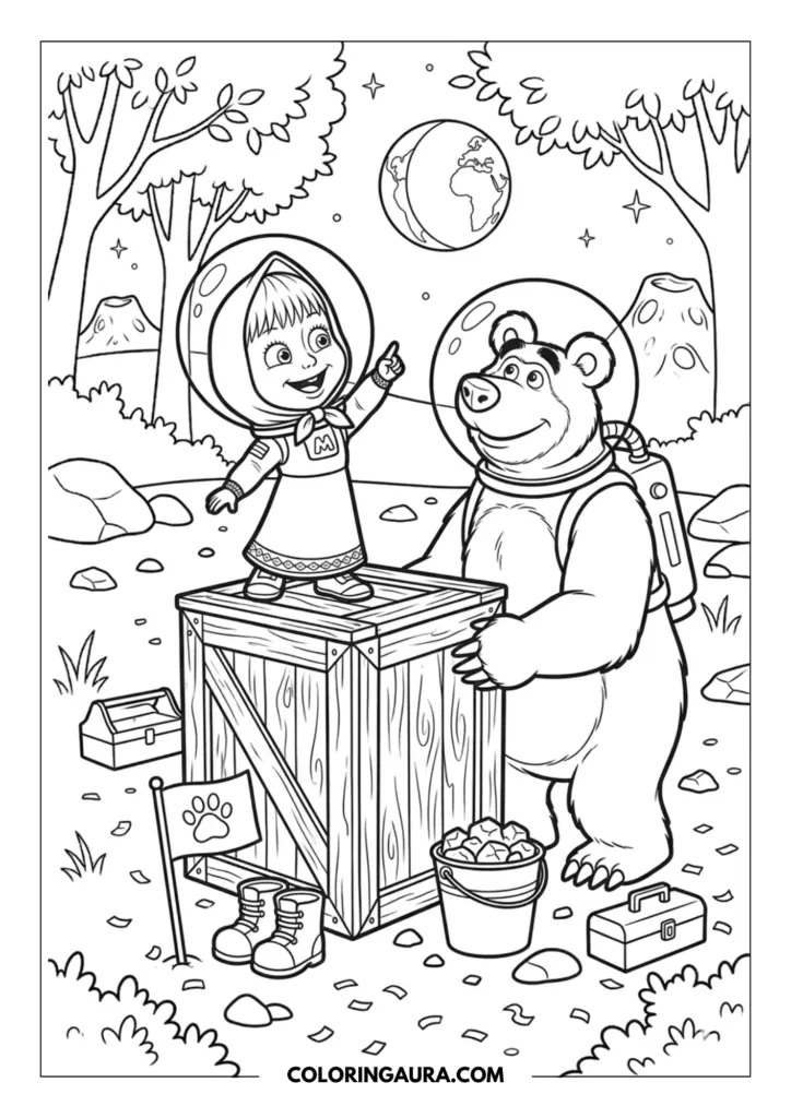 Line art coloring page showing Masha and the Bear wearing round space helmets. Masha stands on a wooden crate pointing at a large planet in the starry night sky while the Bear watches with a smile next to his toolbox.
