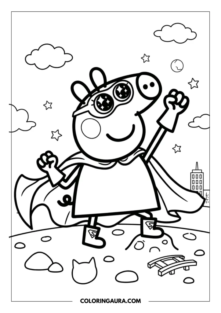 Outline of Peppa Pig as a brave superhero with a flowing cape and mask, standing heroically under a starry sky with a distant city silhouette.
