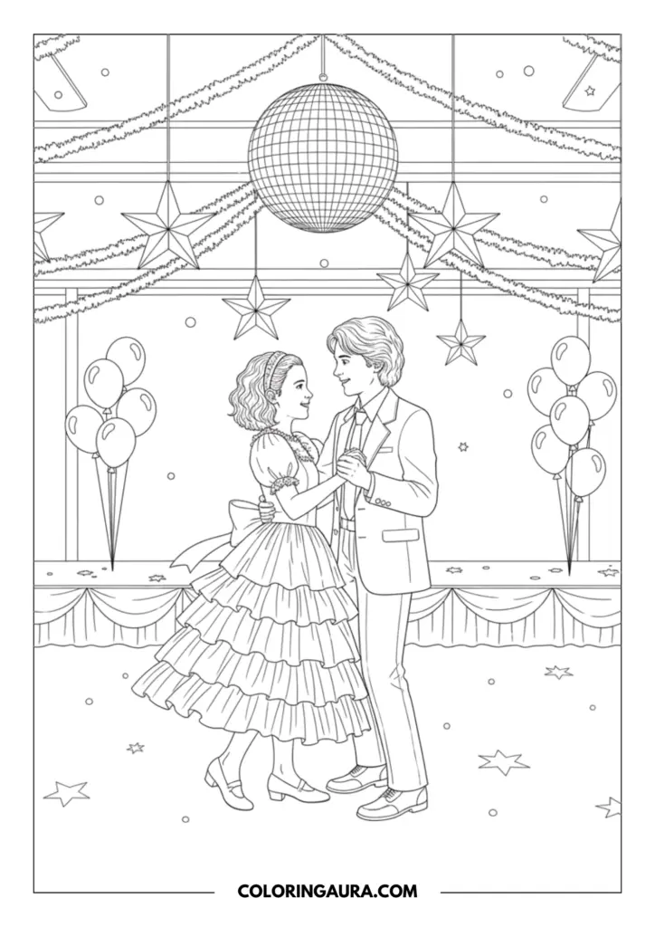 Line art coloring page showing Eleven and Mike Wheeler from Stranger Things dancing together under a shiny disco ball at the middle school Snow Ball. Eleven wears a beautiful, multi-tiered ruffled dress and a headband, while Mike wears a classic retro suit and tie. Star-shaped decorations, balloons, and streamers fill the background, all drawn in a crisp, black-and-white outline style without shading.