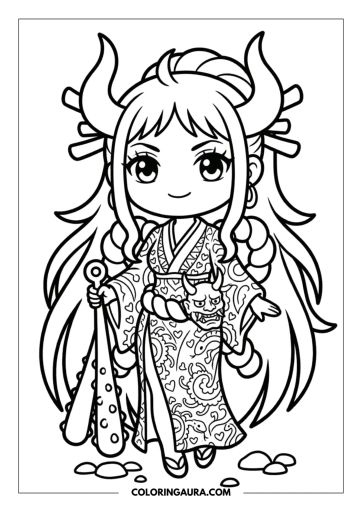 Line art coloring page showing a brave chibi Yamato with large horns and long hair, wearing a decorative kimono and holding a heavy studded club.