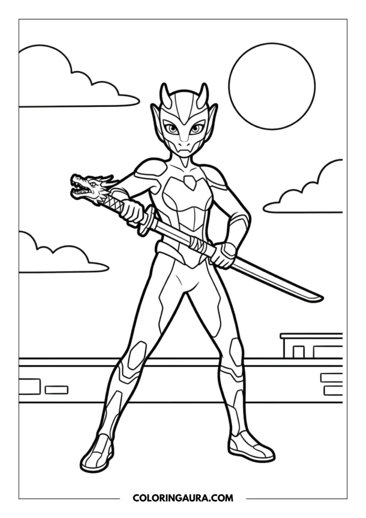 Line art coloring page showing Ryuko in her dragon-themed superhero suit holding a sword with a detailed dragon-head hilt, standing on a rooftop under a bright sun.