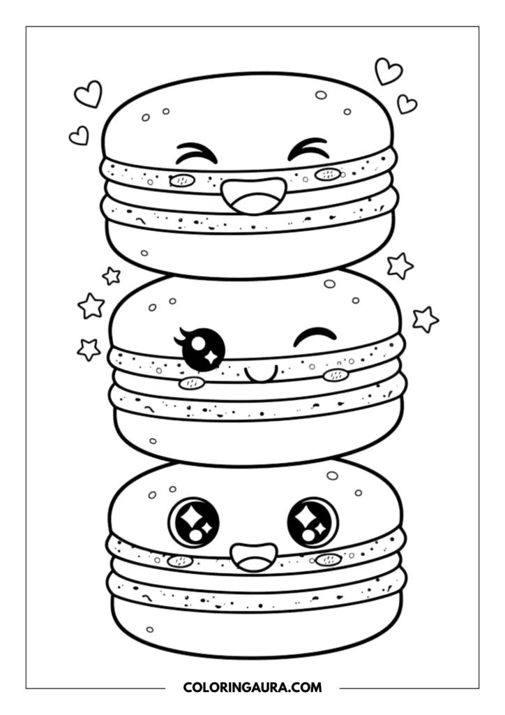 Line art coloring page showing a dreamy stack of three kawaii macarons. Each sweet pastry has a unique, adorable expression—laughing, winking, and starry-eyed—with blushing cheeks, surrounded by cute floating stars and hearts.