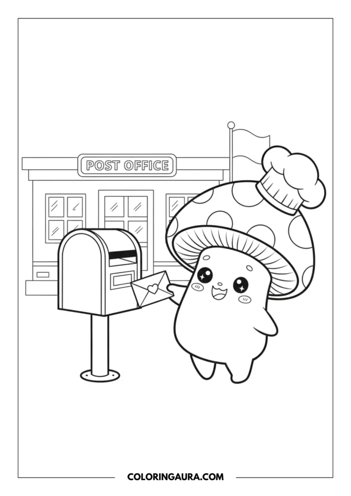 Line art coloring page showing a sweet, cute mushroom character wearing a chef hat, happily mailing a lovely heart-sealed letter. It stands next to a mailbox in front of a cute post office building, smiling warmly with big sparkling anime-style eyes.
