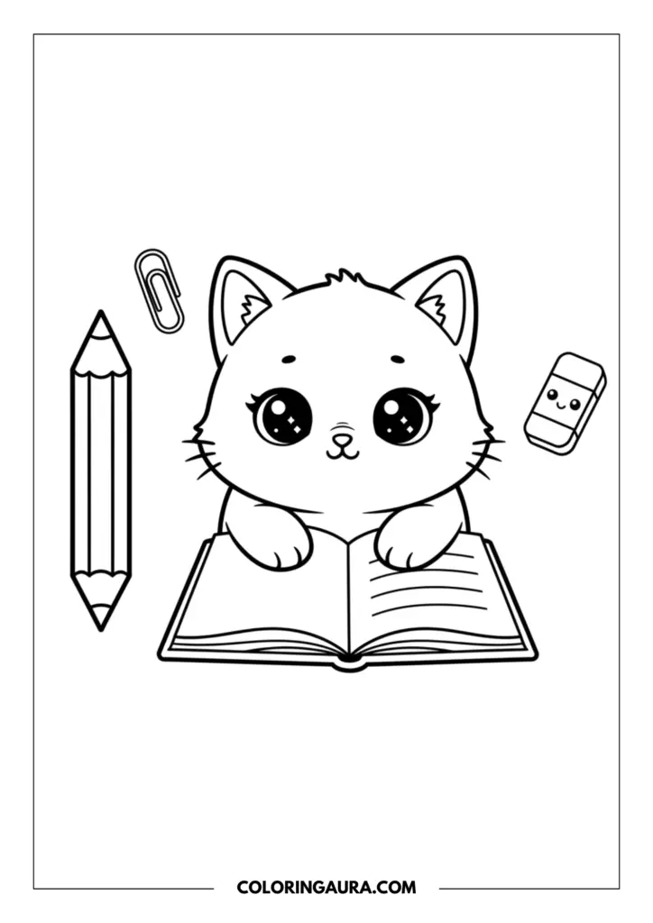Line art coloring page showing a sweet kitten reading a large open book. Floating around the kitten are school supplies, including a big pencil, a paperclip, and a cute smiling eraser, designed with thick and simple outlines.