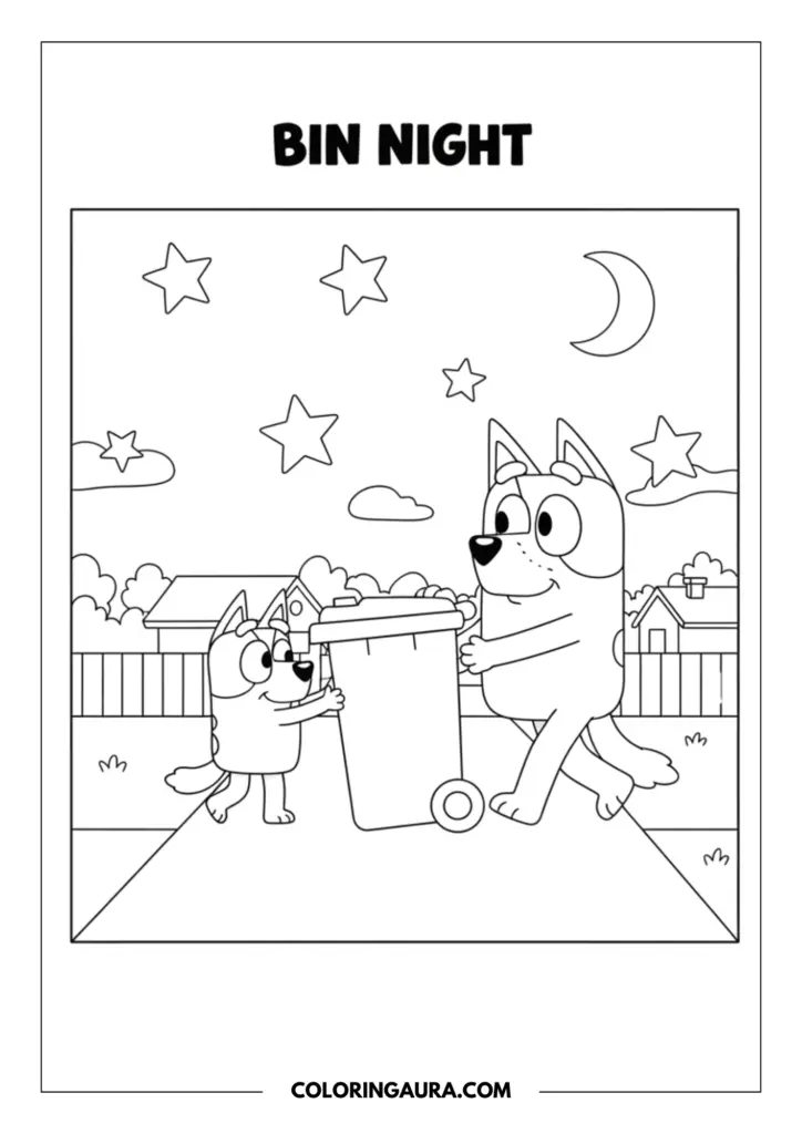Outline of Bandit and little Bluey walking together, pushing a tall wheelie trash bin down the sidewalk on a beautiful, starry night with a bright crescent moon. This crisp, unshaded line art beautifully captures a quiet family routine waiting for your comforting colors.
