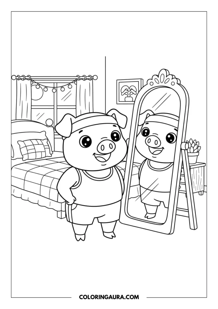 Line art coloring page showing a happy, fit cartoon pig looking proudly at its reflection in a tall standing mirror. The confident character is wearing workout clothes in a cozy bedroom featuring a neatly made bed, curtains with warm string lights, a framed picture, and a small potted plant.