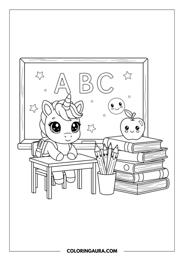 Line art coloring page showing a sweet baby unicorn with big sparkly eyes wearing a tiny backpack and sitting at a school desk. The dreamy classroom scene includes a large chalkboard with the letters ABC, a stack of books, a cute apple, and a cup of pencils in crisp black-and-white outlines.