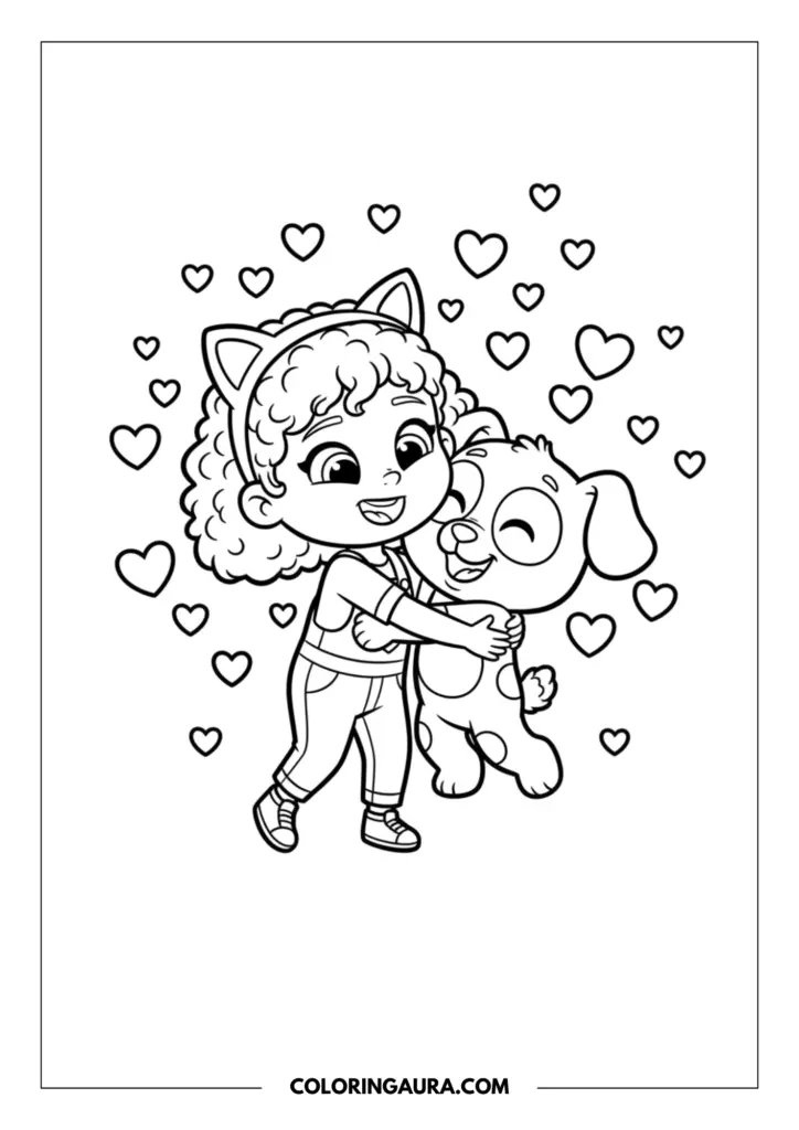 Outline of Gabby from Gabby's Dollhouse wearing her signature cat ear headband and giving her best friend Pandy Paws a warm, giant hug. They are smiling joyfully, surrounded by floating hearts, beautifully capturing a pure moment of friendship to fill with your unique colors.
