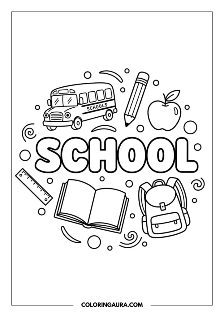 Outline of a delightful school doodle collage. The word "SCHOOL" rests in the center in bold bubble letters, surrounded by cute line art of a classic school bus, a sharp pencil, a fresh apple, a ruler, an open book, and a cozy backpack.