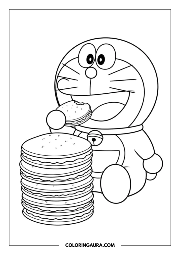 Outline of Doraemon sitting happily on the floor, taking a delightful bite out of his favorite dorayaki pancake. A giant, towering stack of delicious sweet dorayaki sits right next to him in this clear, continuous line art.