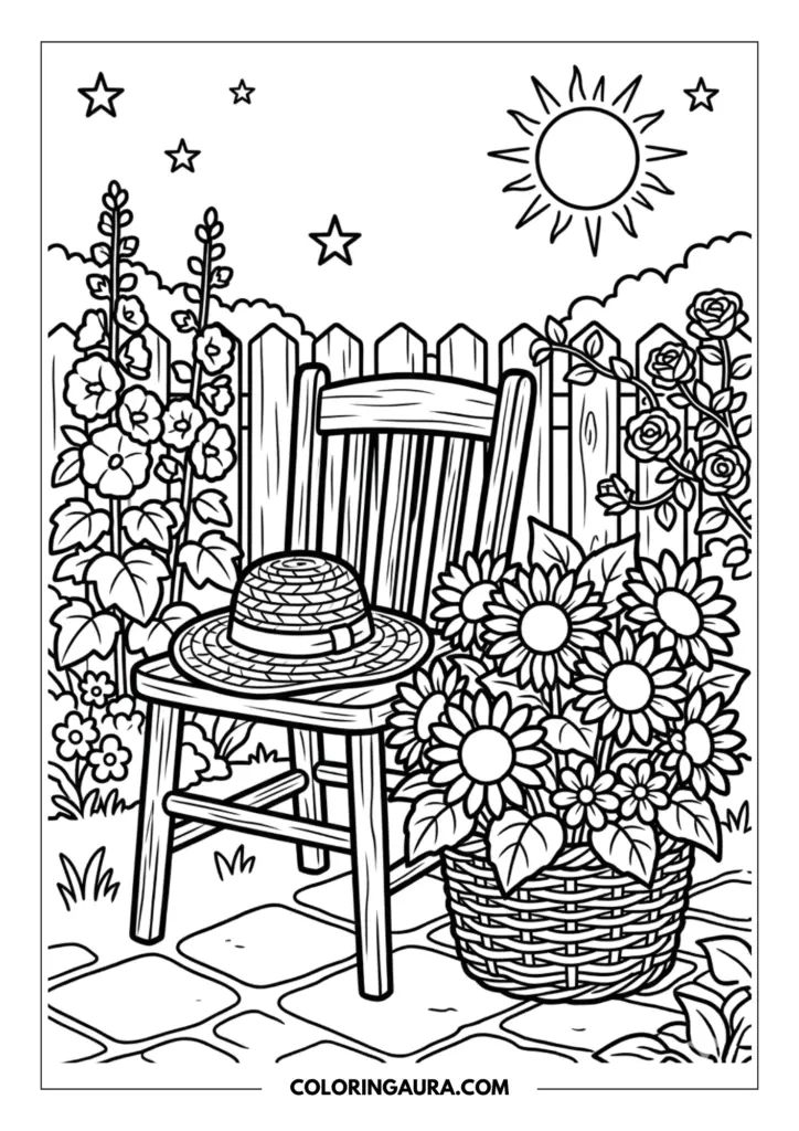 Line art coloring page showing a wooden garden chair with a straw hat, a basket of sunflowers, and tall blooming hollyhocks along a wooden fence.