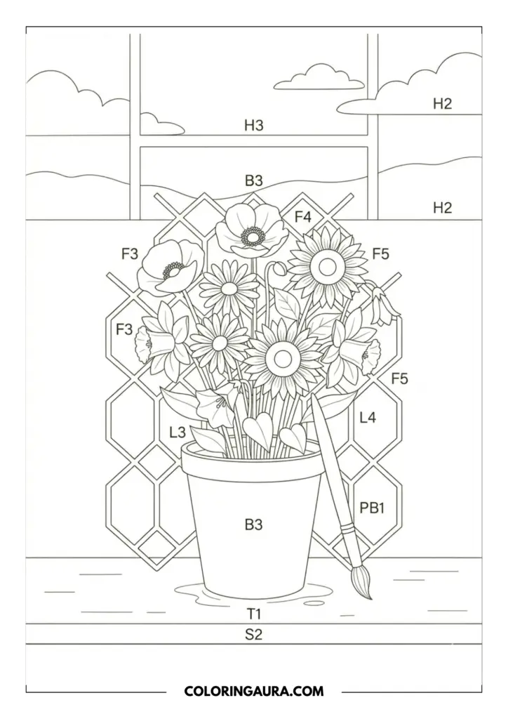 Outline of a lush potted bouquet of sunflowers, poppies, and daisies with an artist's paintbrush resting beside it, set against a garden trellis and a window overlooking clouds.