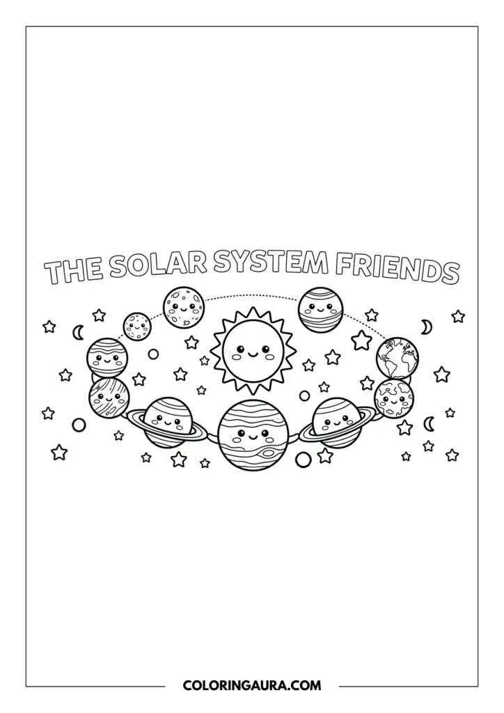 Outline of the solar system friends with a central smiling sun surrounded by a circle of cute happy planets, stars, and crescent moons.