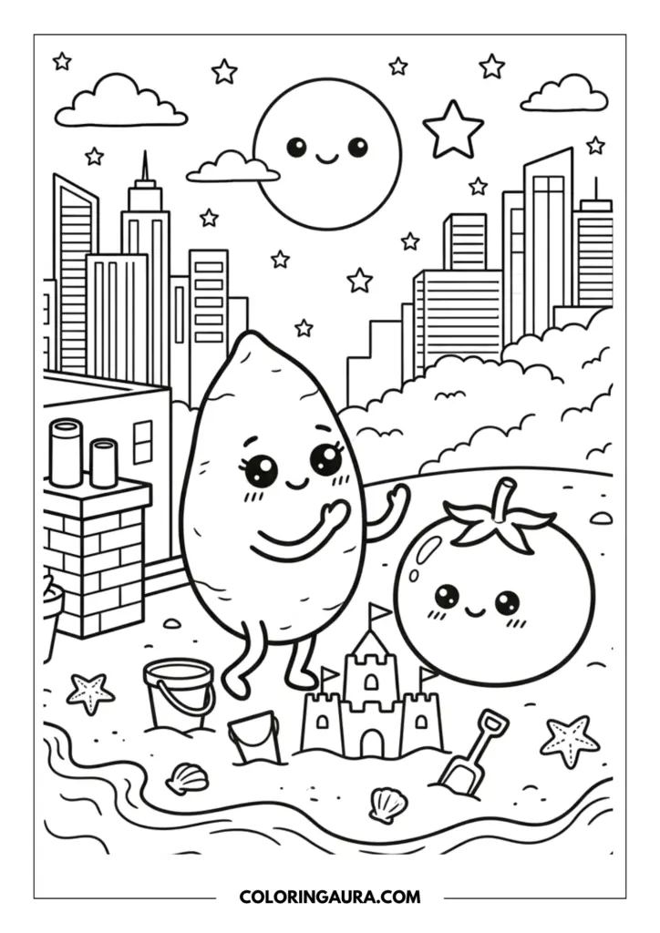 Line art coloring page showing a cute sweet potato with big sparkly kawaii eyes, and a happy tomato friend, building a sandcastle on a city beach. A bucket, shovel, starfish, and shells are on the sand, with city buildings, a smiling sun, and stars in the background.