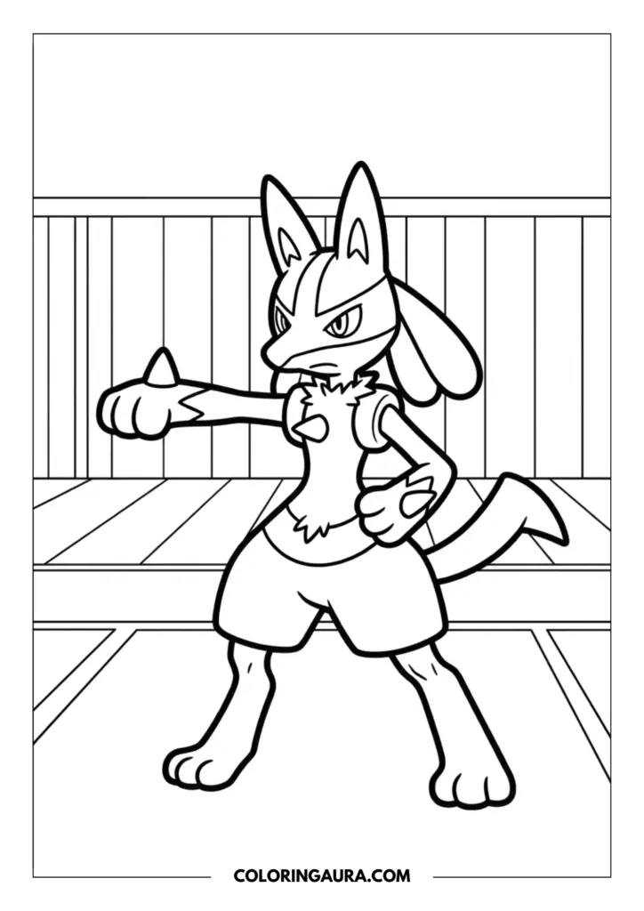 Outline of Lucario in a powerful martial arts pose standing on a wooden floor inside a training gym with simple vertical wall panels and bold outlines.