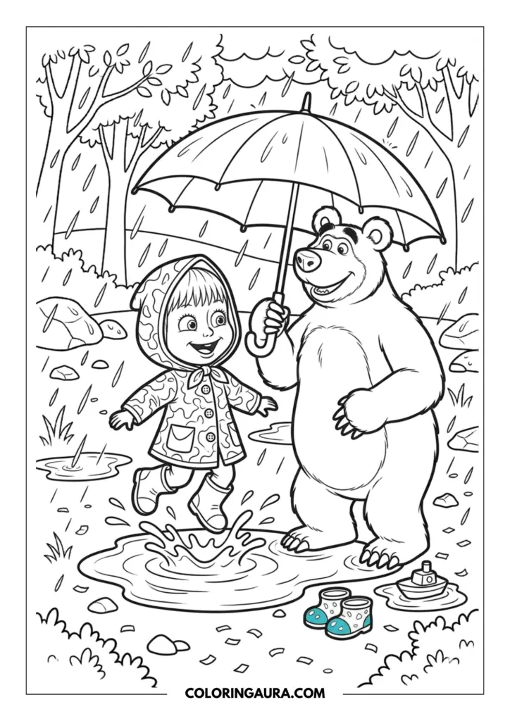 Outline of Masha jumping into a splashing puddle while wearing a patterned raincoat and boots. The Bear stands beside her holding a large umbrella to keep them dry while the rain falls over the forest path.