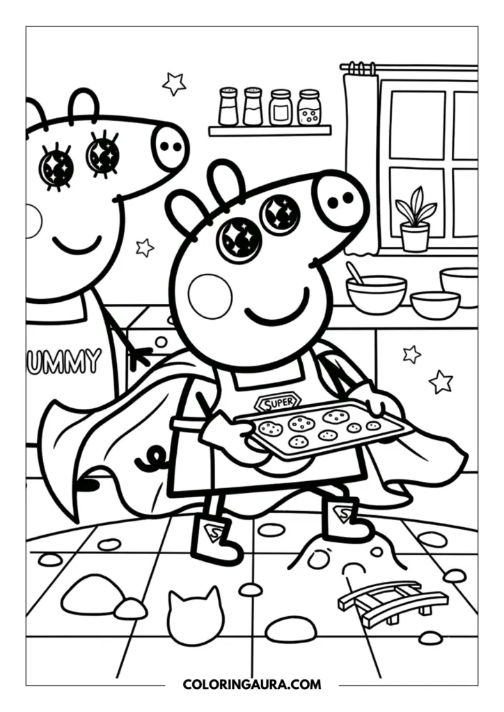 : Line art coloring page showing Peppa Pig wearing a superhero cape and apron while holding a tray of freshly baked cookies next to Mummy Pig in the kitchen.