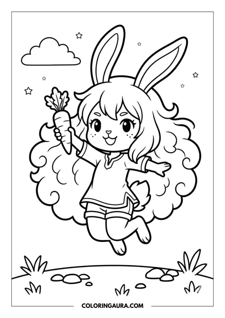 Line art coloring page showing a joyful chibi Carrot jumping in the air, holding a fresh carrot against a backdrop of stars and a fluffy cloud.