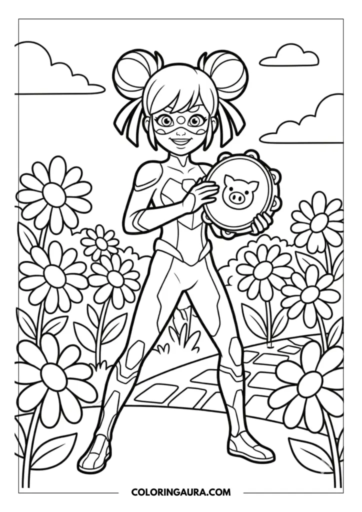 Outline of Pigella in her superhero costume holding a pig-themed tambourine, standing in a lush garden of oversized daisies with a cobblestone path.
